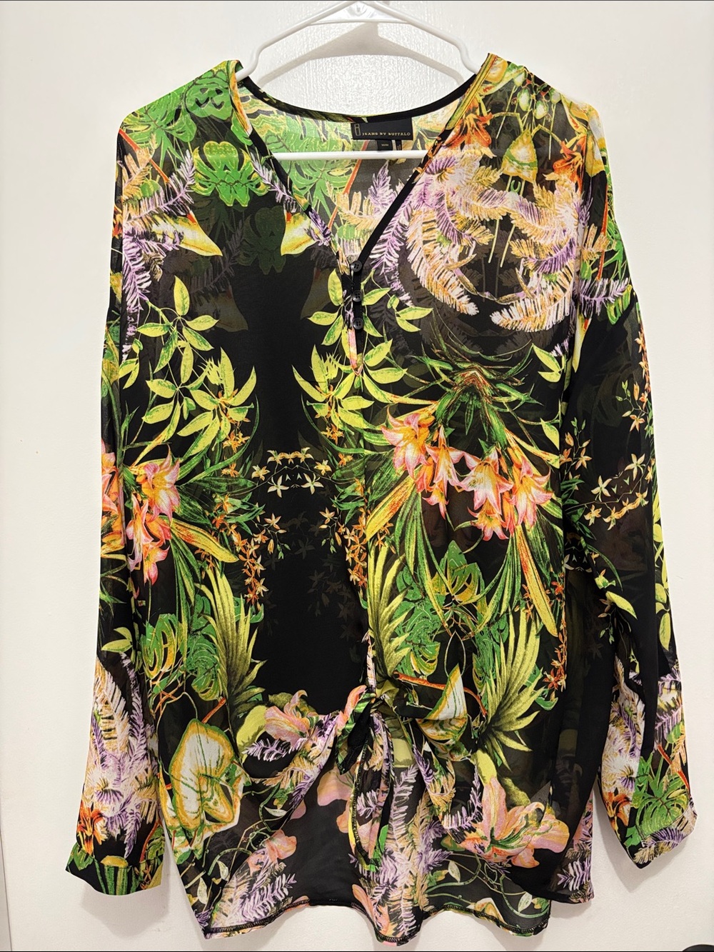Jean by Buffalo Black Sheer Tropical Floral Tie-Hem Blouse